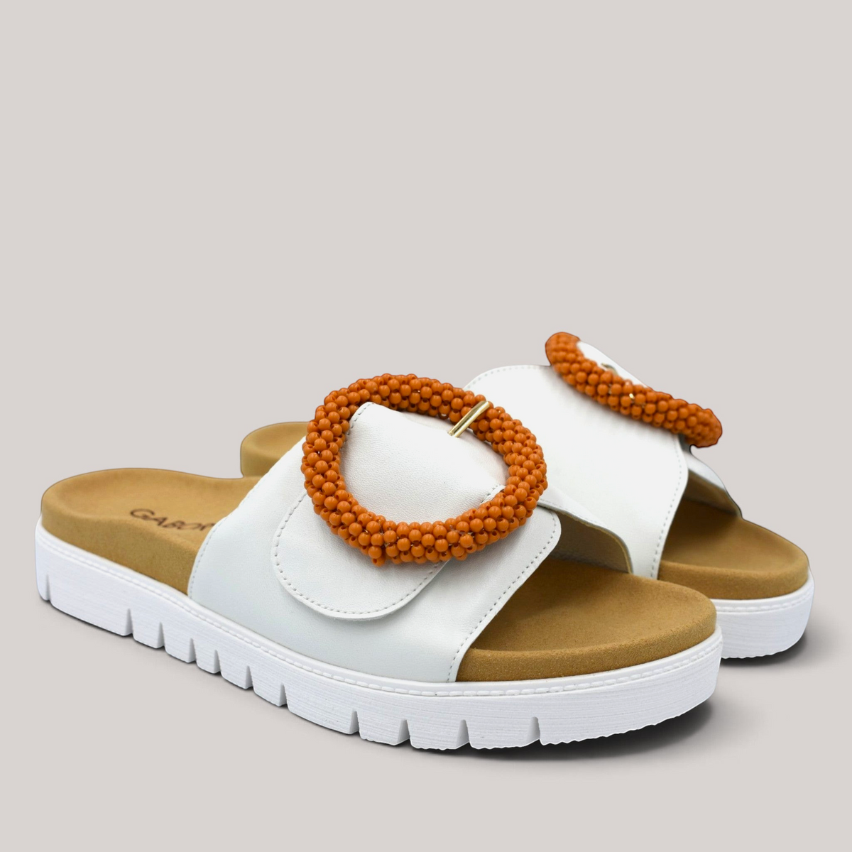 Grundy's Shoes Gabor 83745 white leather slide sandals with orange beaded buckle and contoured footbed