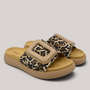 Grundy's Shoes Gabor leopard print suede slide sandals with oversized beige buckle and contoured footbed