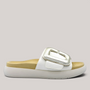 Grundy's Shoes Gabor 83751 white leather slide sandal with a metallic oversized buckle and contoured footbed.