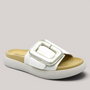 Grundy's Shoes Gabor white leather slide sandal with a large metallic buckle and contoured footbed