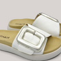Grundy's Shoes Gabor white leather slide sandals with oversized metallic buckle and contoured footbed