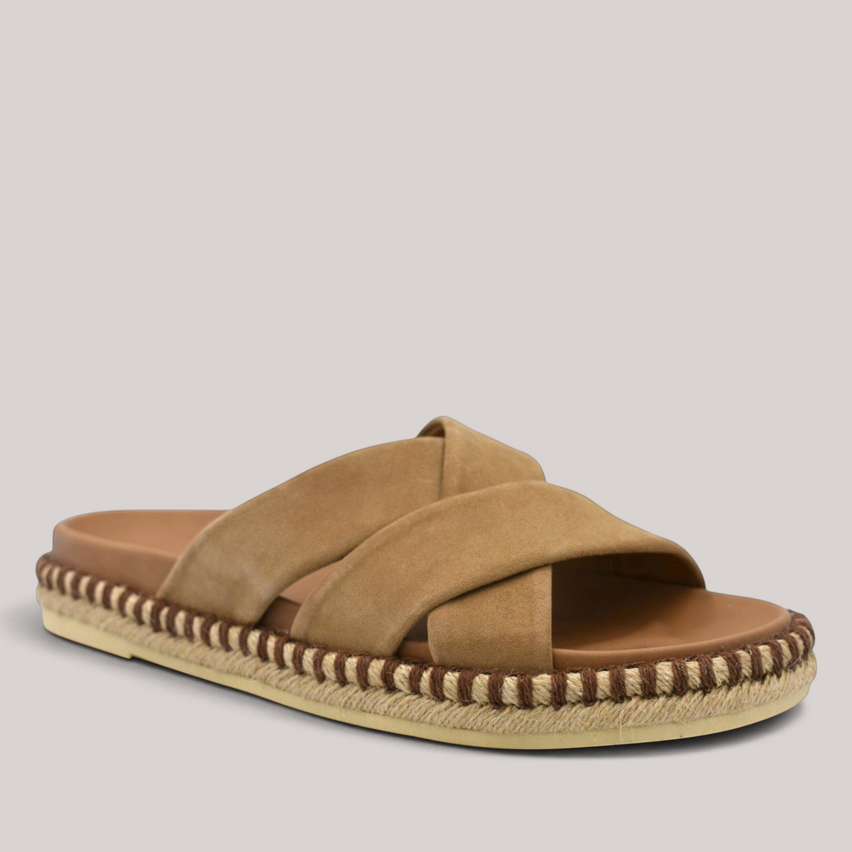 Grundy's Shoes Gabor 83780 tan suede slide sandals with cross-over straps and a decorative espadrille-style sole.