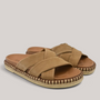 Grundy's Shoes Gabor 83780 tan suede slide sandals with cross-over straps and a jute-wrapped espadrille sole.