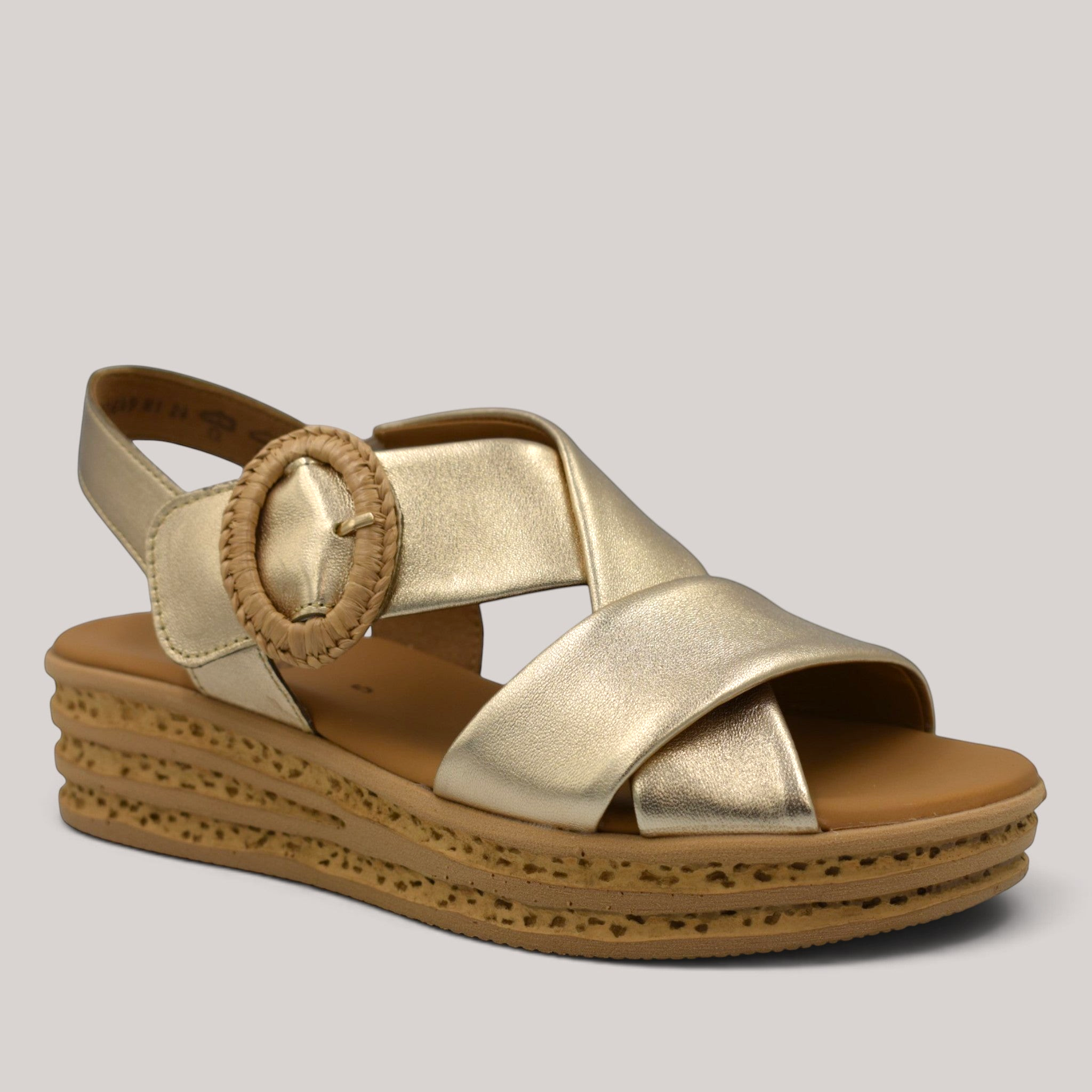 Grundy's Shoes Gabor 84556 metallic gold leather platform wedge sandal with crossover straps and decorative buckle.