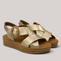 Grundy's Shoes Gabor 84556 gold leather platform wedge sandals with crossover straps and decorative buckle