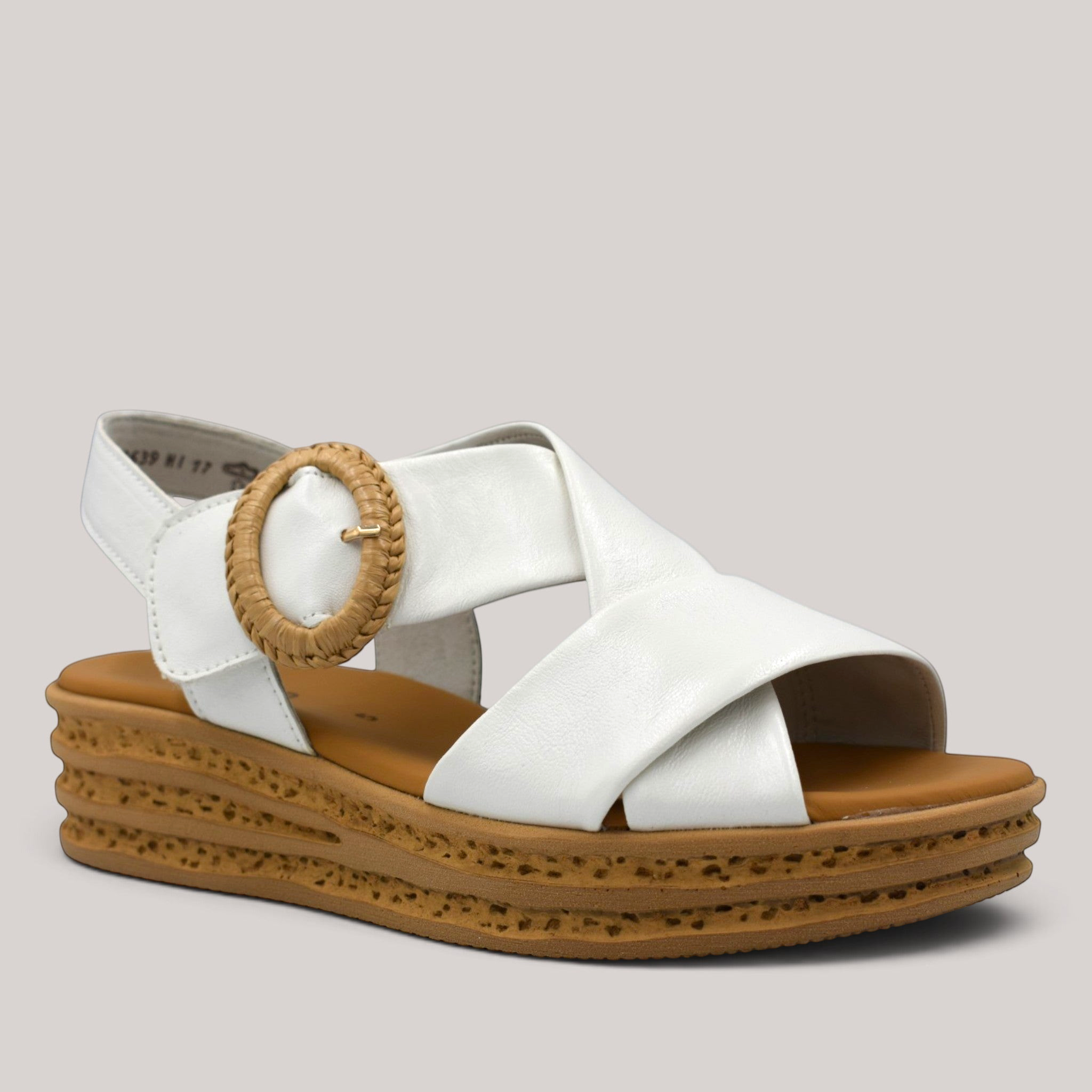 Grundy's Shoes Gabor 84556 white leather platform wedge sandal with crossover straps and decorative buckle