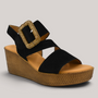 Grundy's Shoes Gabor 84771 black suede wedge sandal with a woven-look platform sole and decorative buckle strap