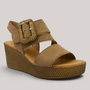 Grundy's Shoes Gabor 84771 tan suede wedge sandal with a woven-look platform sole and decorative buckle strap.