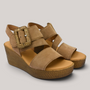 Grundy's Shoes Gabor 84771 tan suede wedge sandals with a woven-look platform and decorative buckle strap.