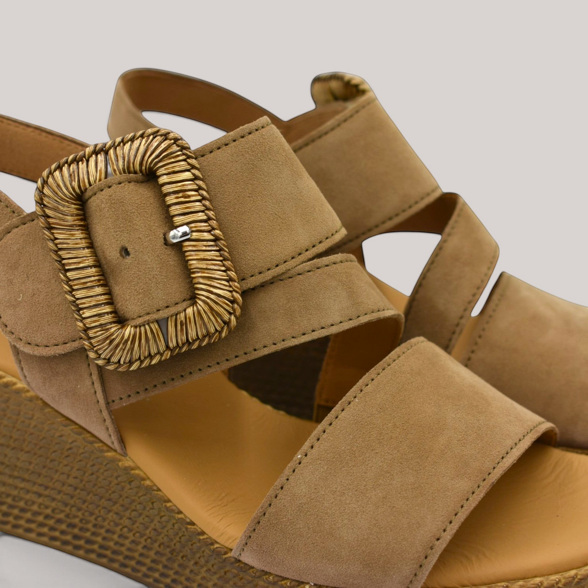 Grundy's Shoes Gabor 84771 tan suede wedge sandals featuring a decorative gold buckle and woven-look platform sole