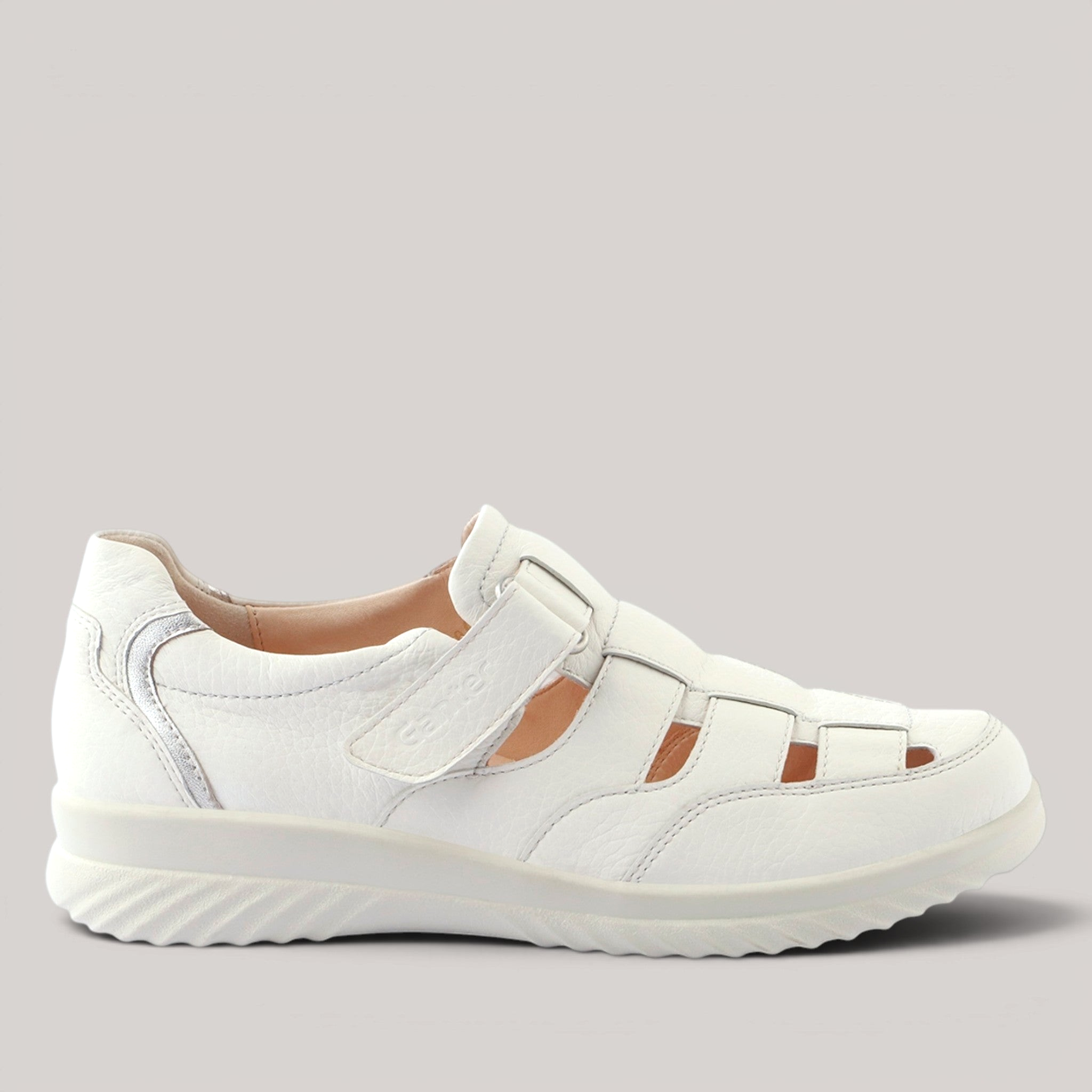Grundy's Shoes Ganter white embossed leather sandal with adjustable strap, breathable lining, and cushioned sole.