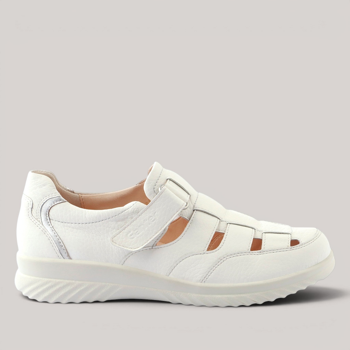 Grundy's Shoes Ganter white embossed leather sandal with adjustable strap, breathable lining, and cushioned sole.