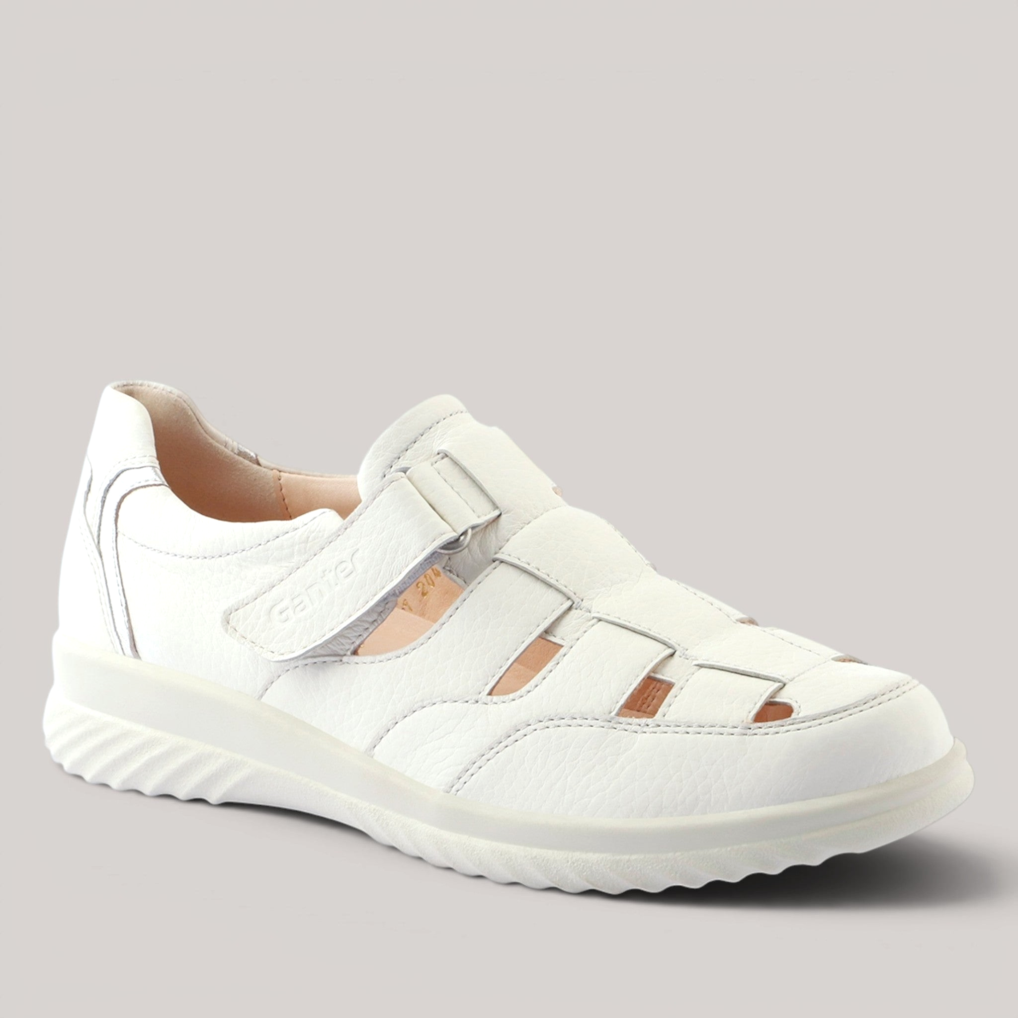 Grundy's Shoes Ganter Heike white embossed leather sandal with adjustable strap and cushioned Energy PU sole