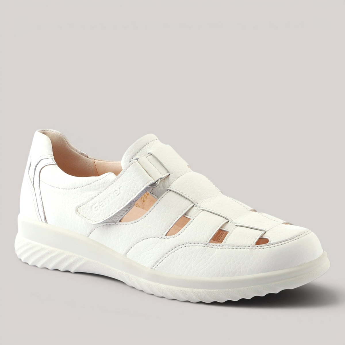 Grundy's Shoes Ganter Heike white embossed leather sandal with adjustable strap and cushioned Energy PU sole