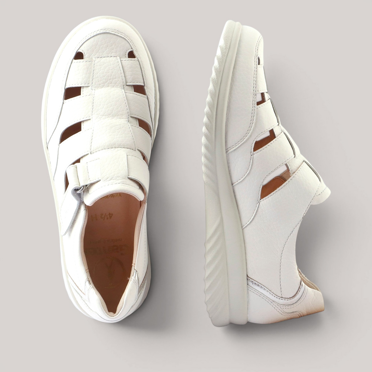 Grundy's Shoes Ganter white embossed leather fisherman sandals with a comfortable wide fit and lightweight sole.