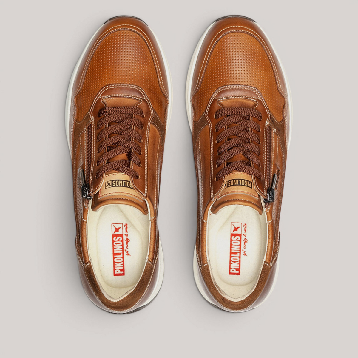 Grundy's Shoes Pikolinos Getafe brown leather men's sneakers with lace and side zipper closure, top view.
