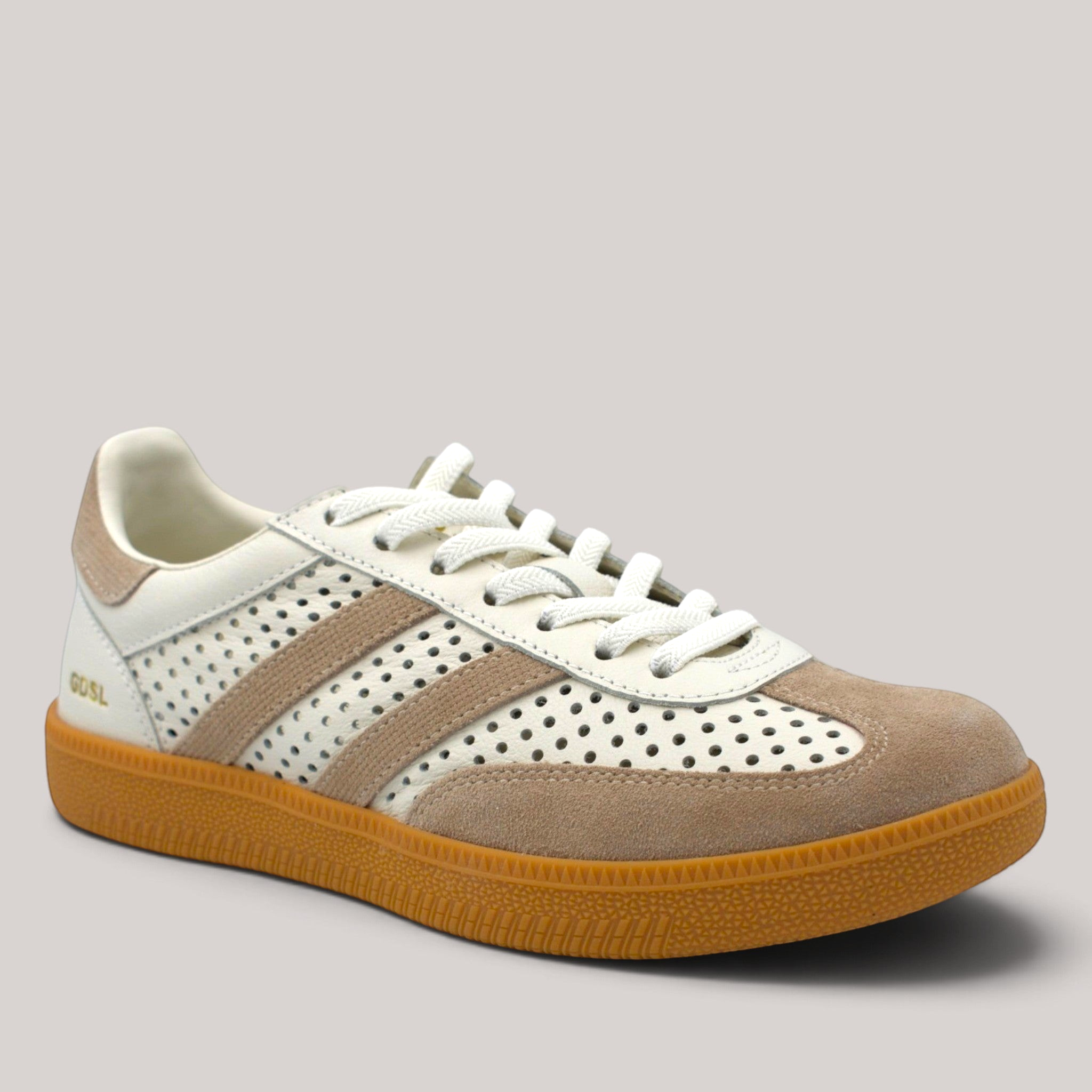 Grundy's Shoes Goodsole Kindred perforated beige leather sneaker with suede toe cap and gum rubber sole.