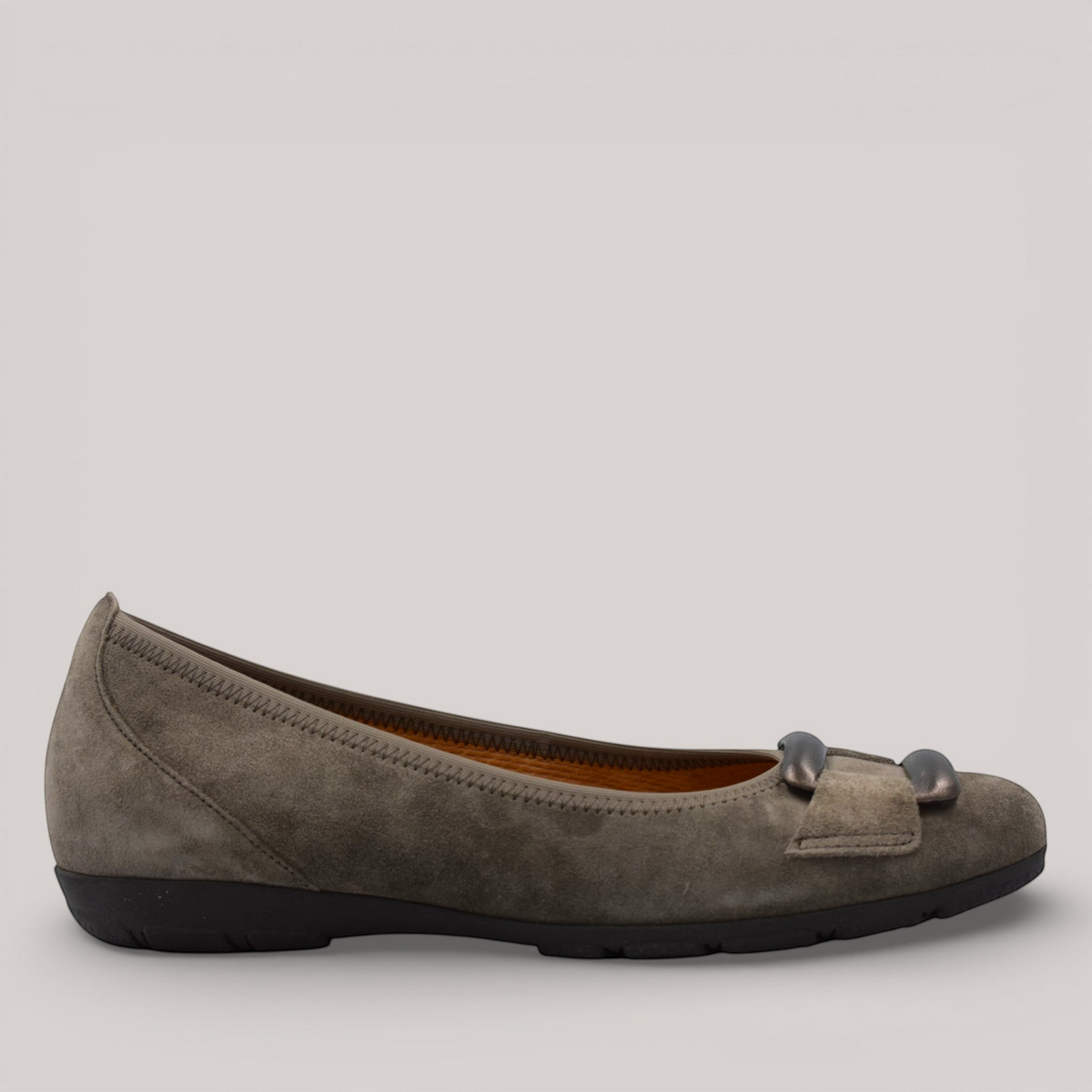 Grundy's Shoes Gabor 74166 grey suede ballet flat with decorative metal buckle and comfortable hovercraft sole
