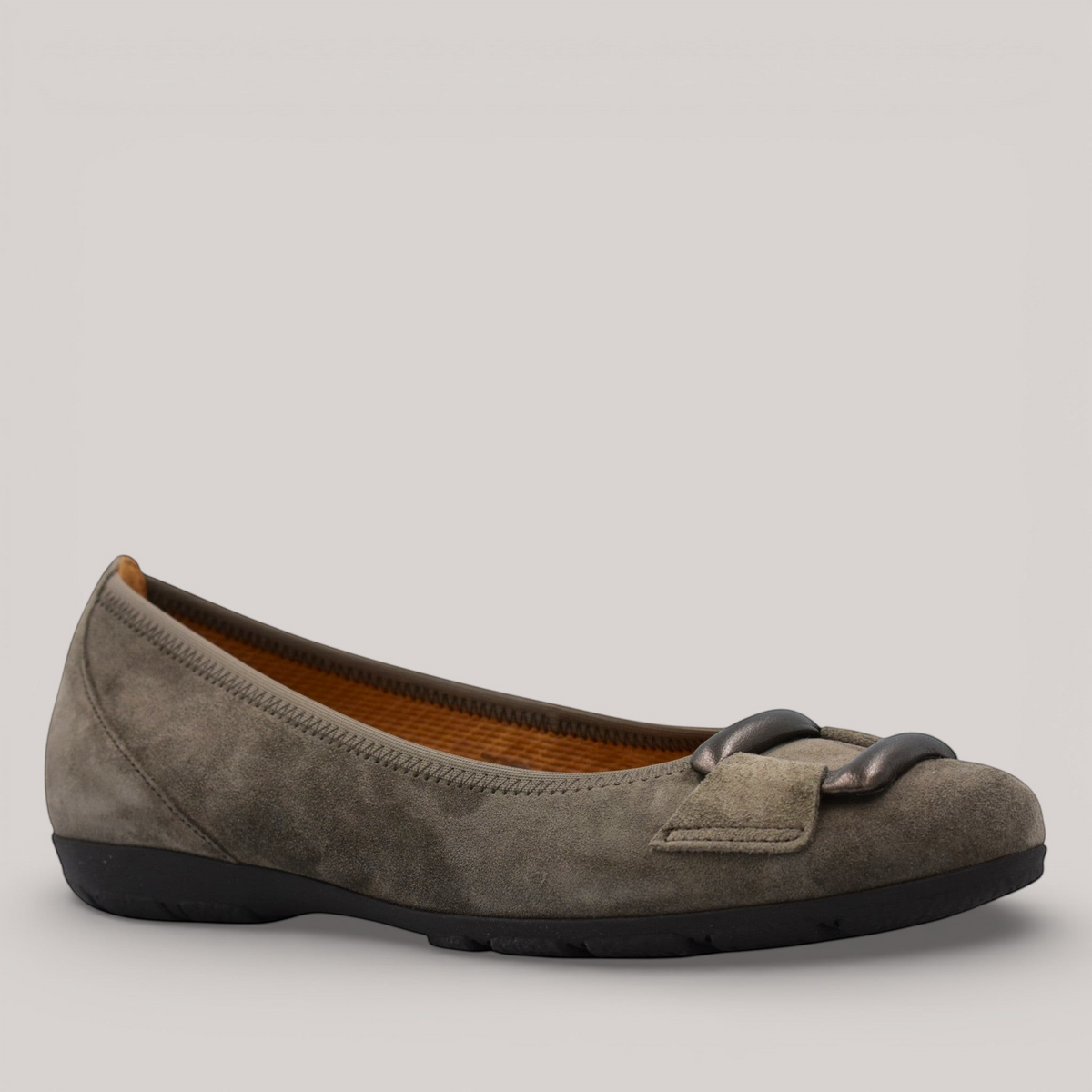 Grundy's Shoes Gabor 74166 grey suede ballet flat with a decorative buckle and comfortable hovercraft sole.