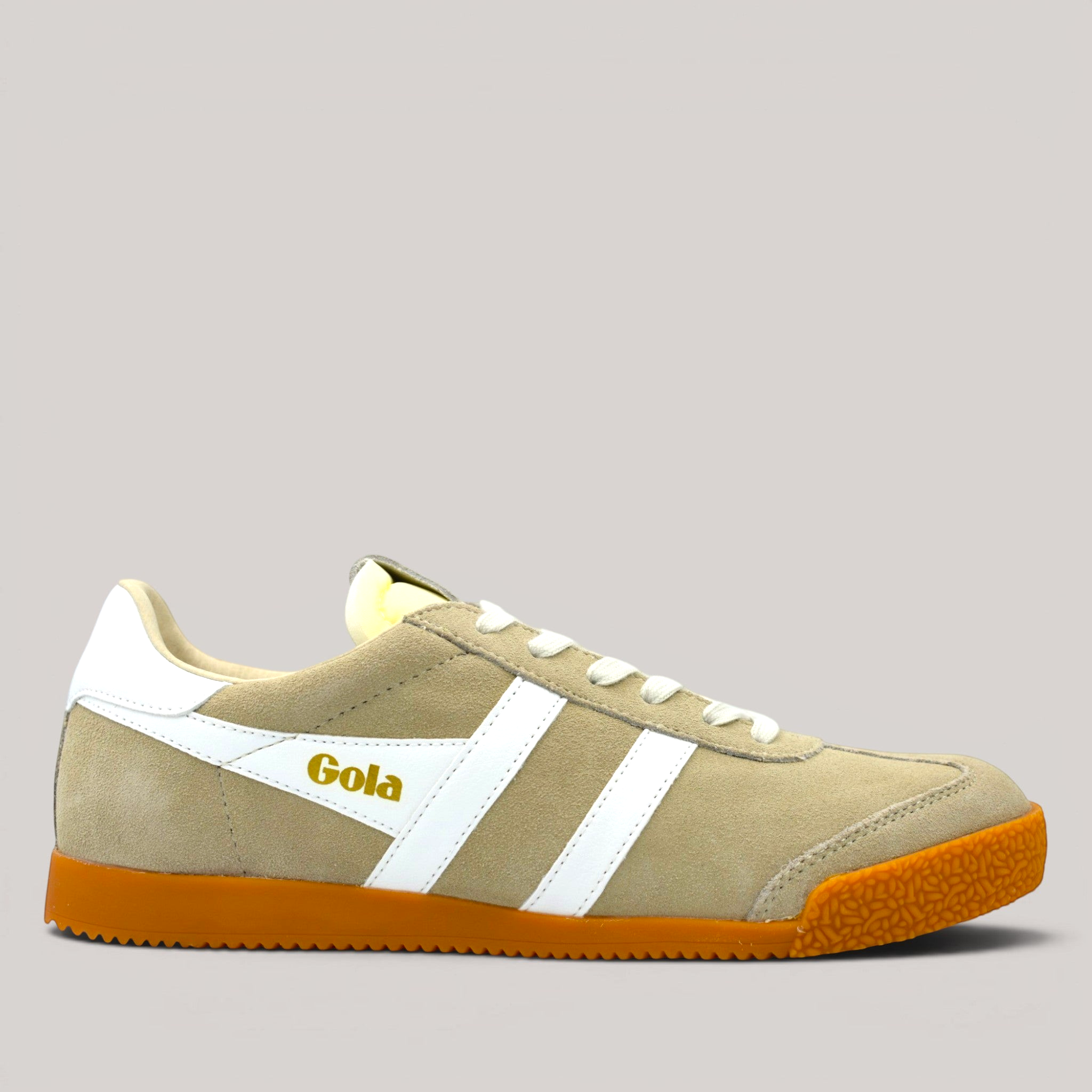 Grundy's Shoes Gola Elan trainer in bone suede with white leather stripes and a vintage gum sole.