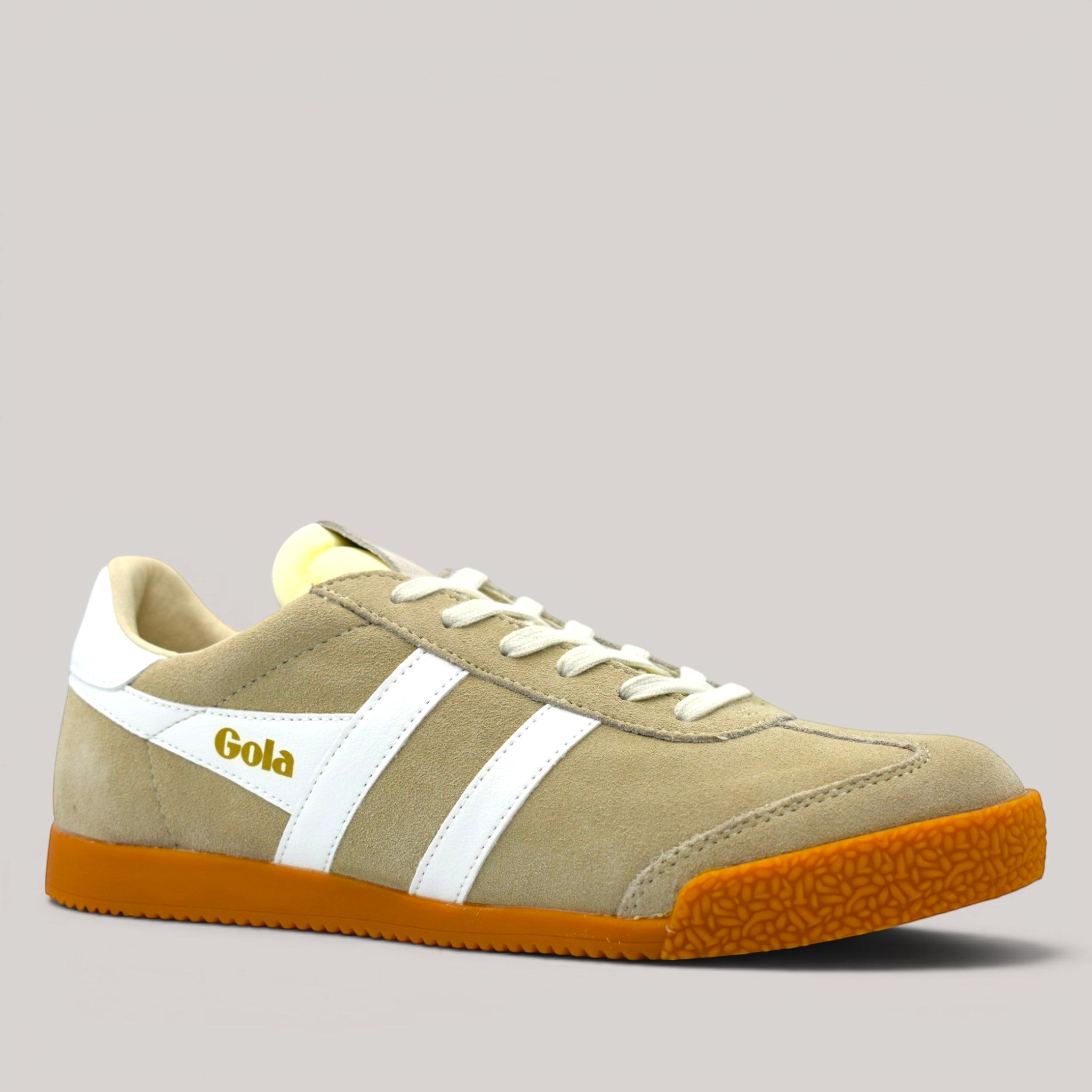 Grundy's Shoes Gola Elan trainer in bone suede with white side stripes and a vintage-inspired gum rubber sole.