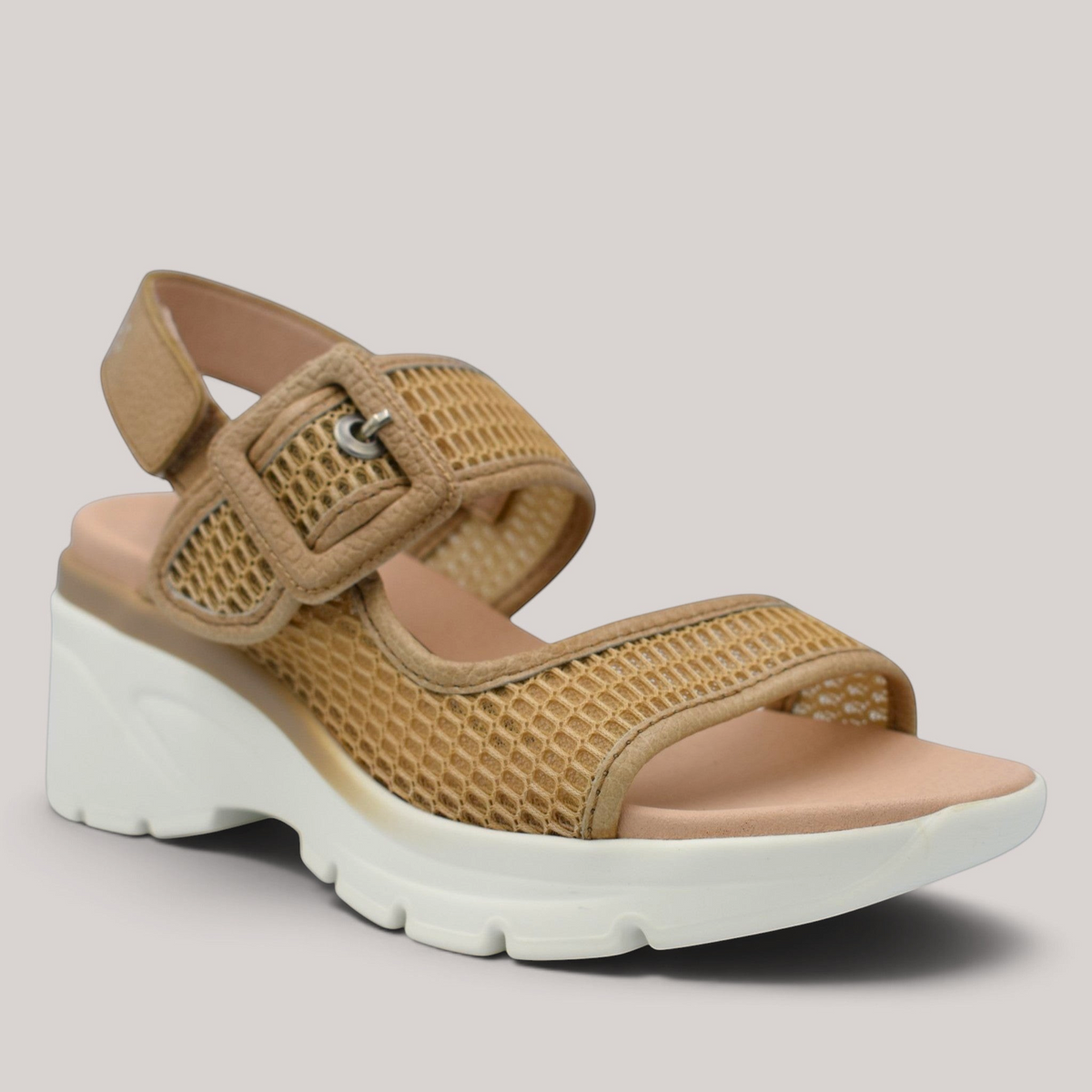 Grundy's Shoes Hispanitas Cedro wedge sandal in tan mesh and leather with buckle and velcro strap closure.