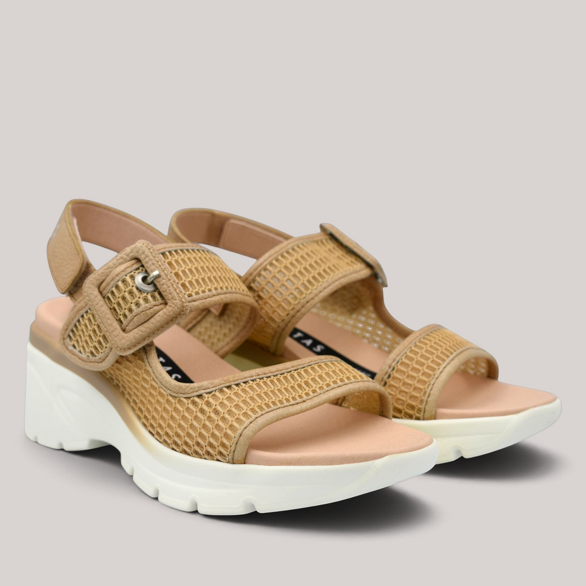 Grundy's Shoes Hispanitas cedro tan mesh and leather wedge sandals with adjustable buckle and velcro straps.