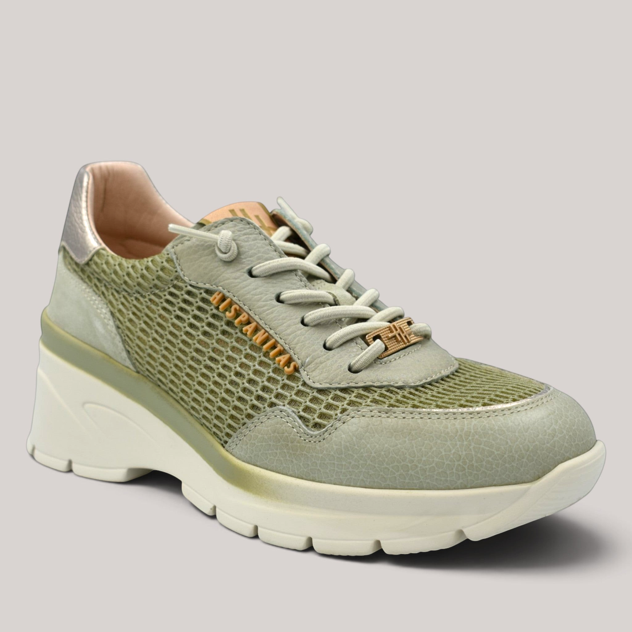 Grundy's Shoes Hispanitas jade green leather and mesh wedge sneaker with elastic laces and metallic heel detail