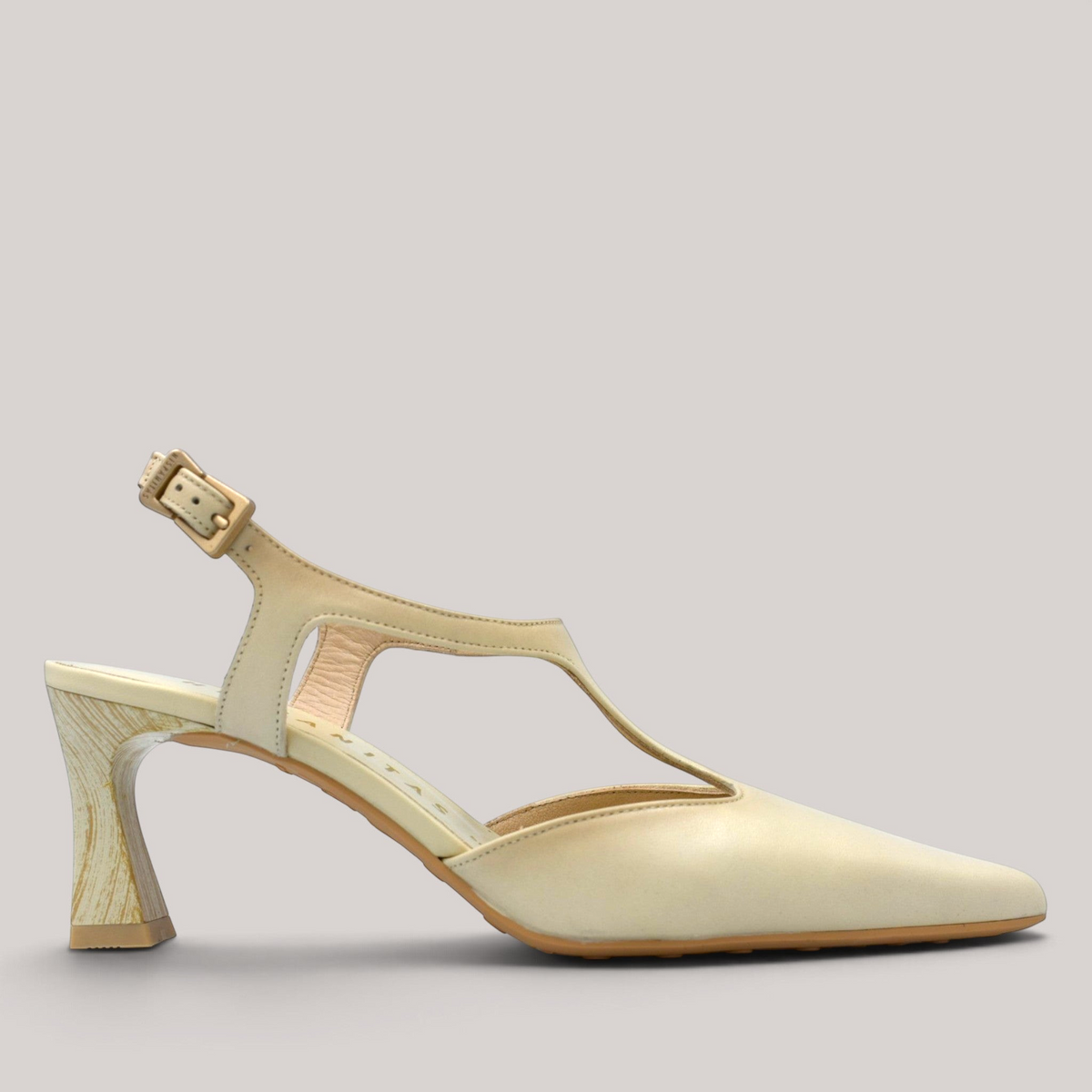 Grundy's Shoes Hispanitas Giorgia cream leather T-bar pump with a pointed toe and wood-effect 6.5cm heel.