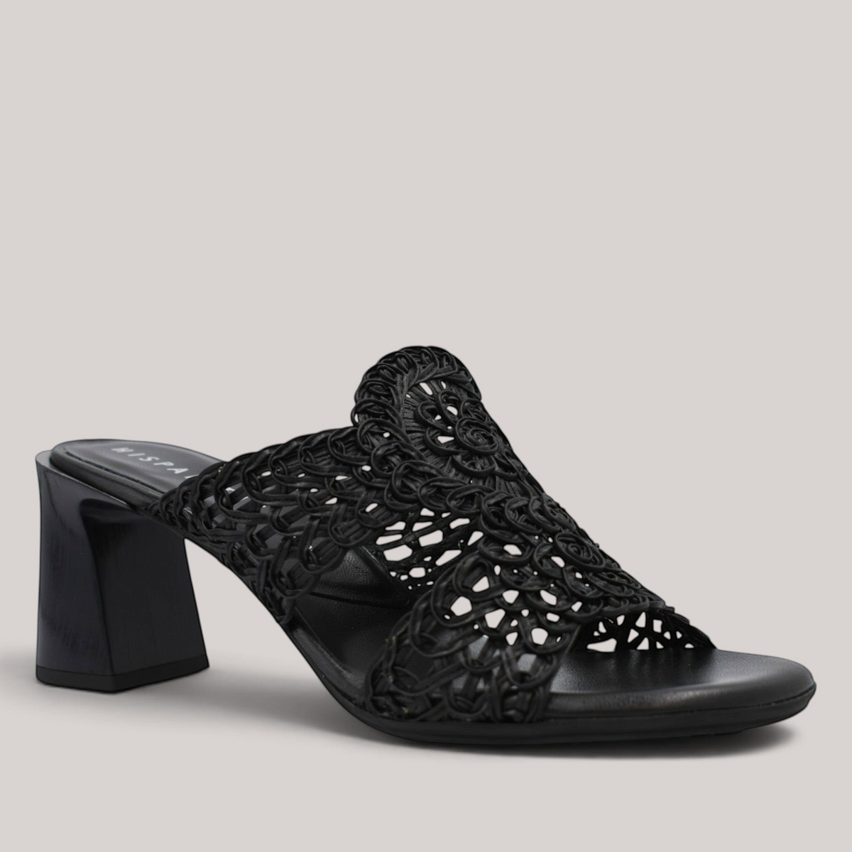 Grundy's Shoes Hispanitas Orquidea black slip-on heel with a breathable rope-wrapped upper and 7cm wood-finish heel.