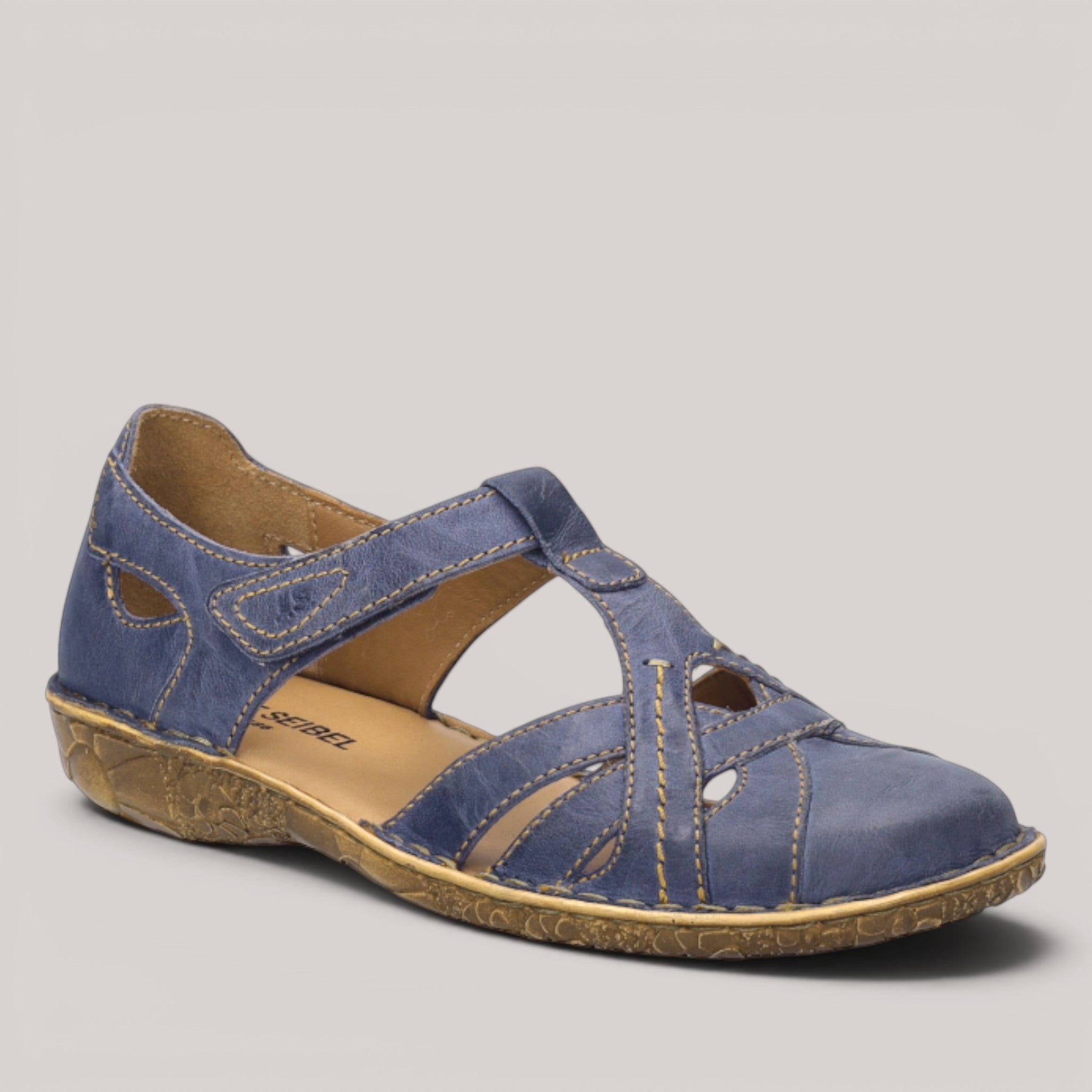 Grundy's Shoes Josef Seibel Rosalie 29 blue leather sandal with decorative stitching and Velcro closure