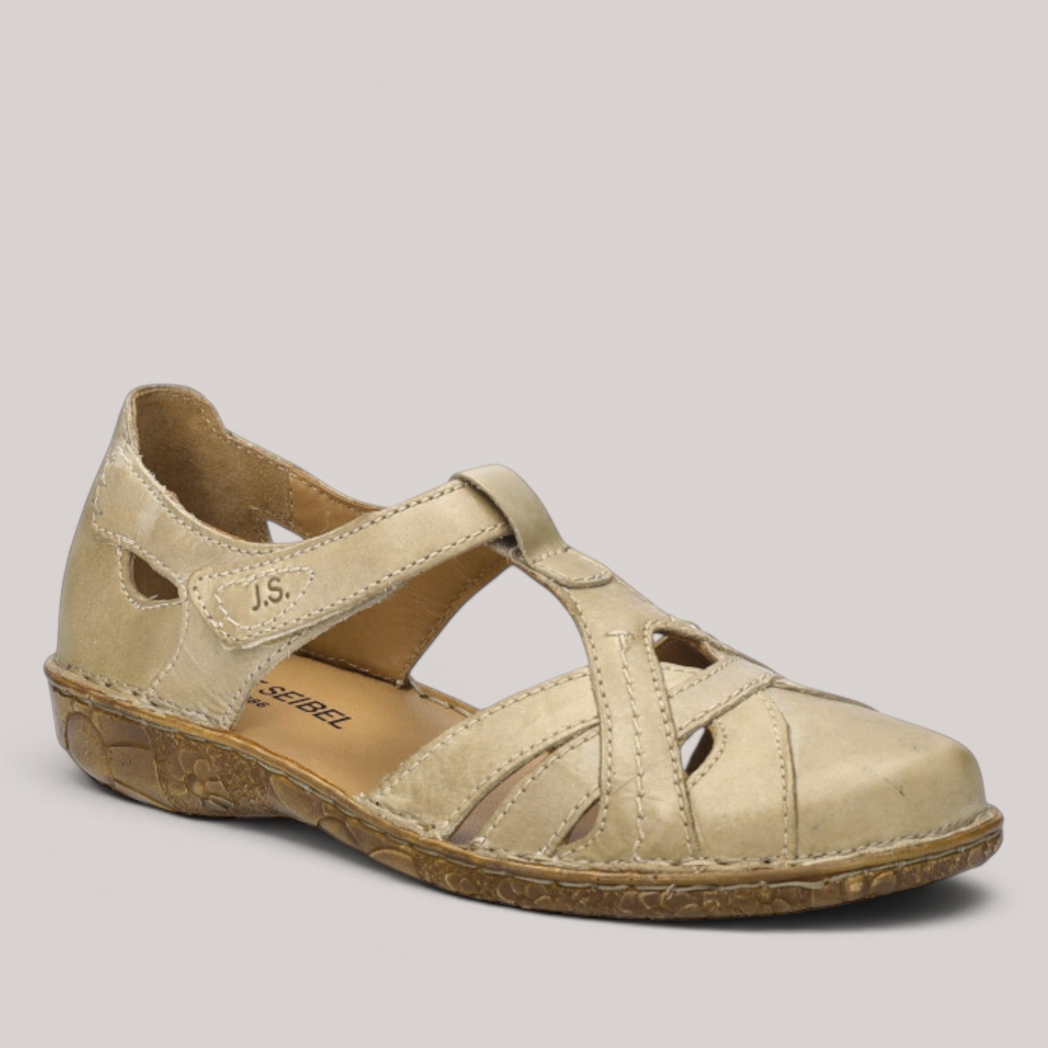 Grundy's Shoes Josef Seibel Rosalie 29 beige leather sandal with decorative stitching and Velcro strap closure