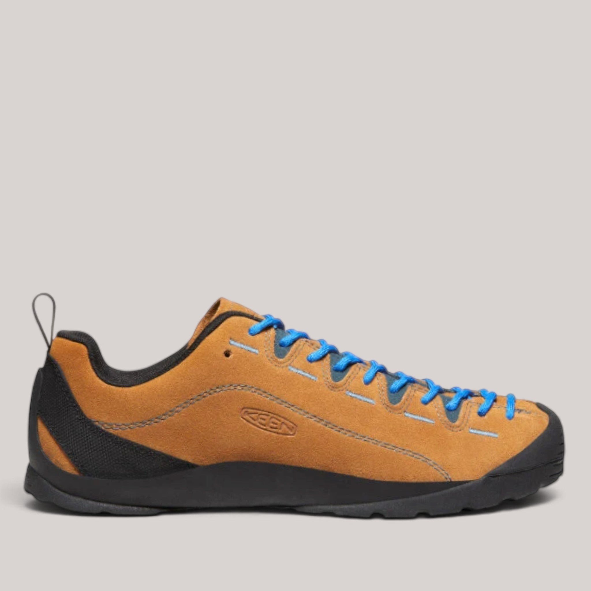 Grundy's Shoes Keen Jasper men's tan suede outdoor sneakers with bright blue laces and black rubber sole side view