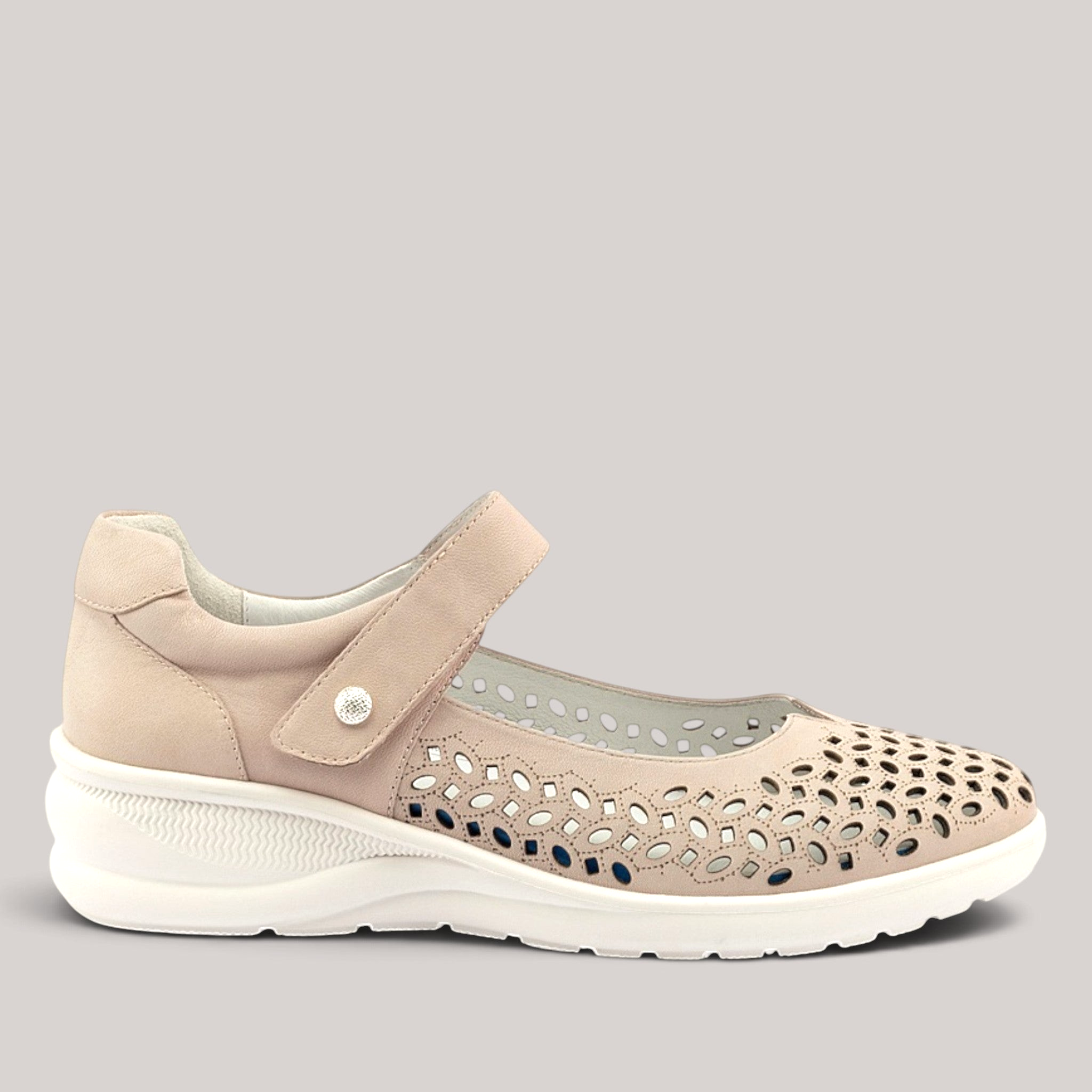 Grundy's Shoes Klouds Blissed beige perforated leather Mary-Jane shoe with adjustable velcro strap and white sole.