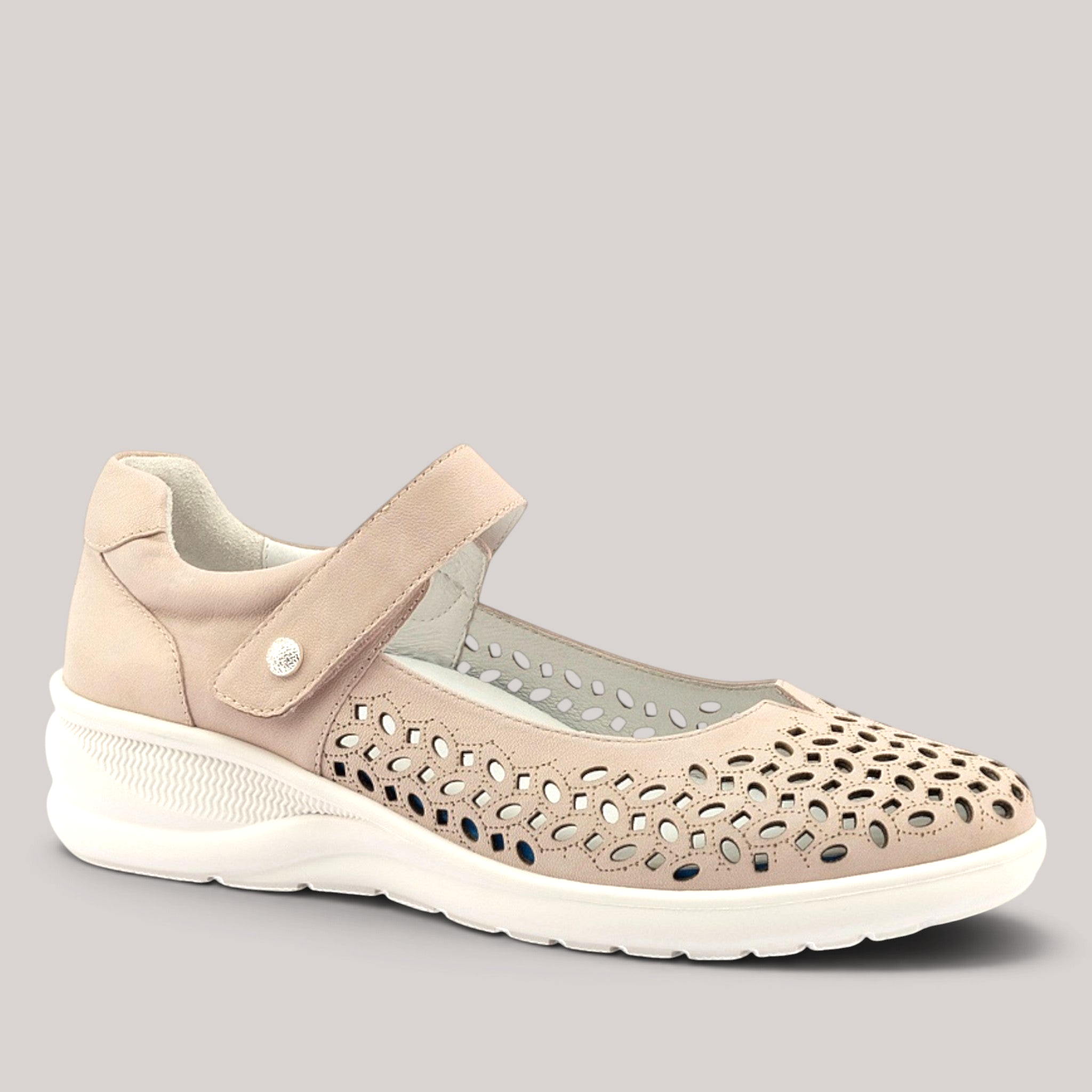 Grundy's Shoes Klouds Blissed beige leather Mary-Jane with perforated upper, velcro strap, and cushioned white sole.