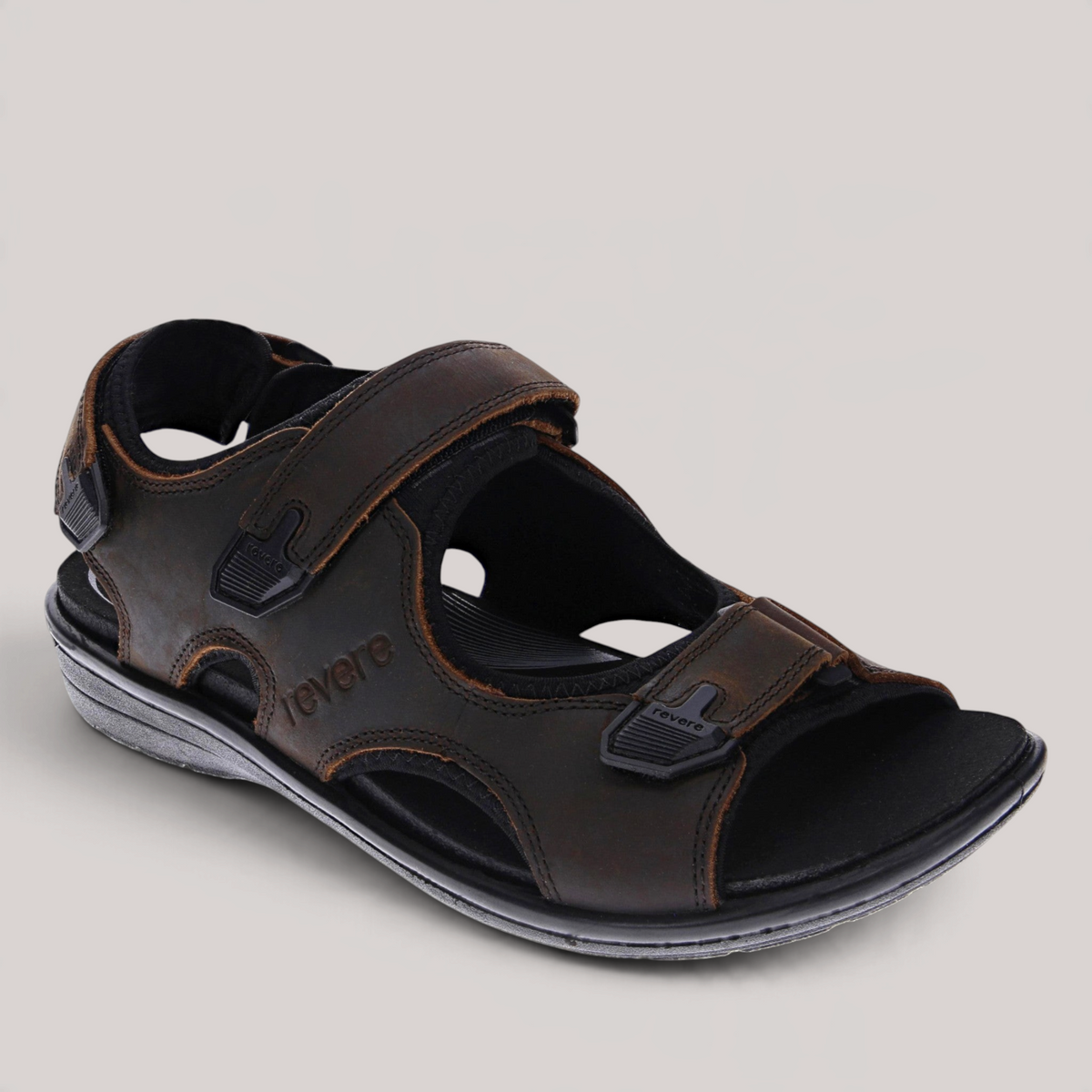 Grundy's Shoes Revere Montana II dark brown leather orthotic-friendly sandal with adjustable hook-and-loop straps.