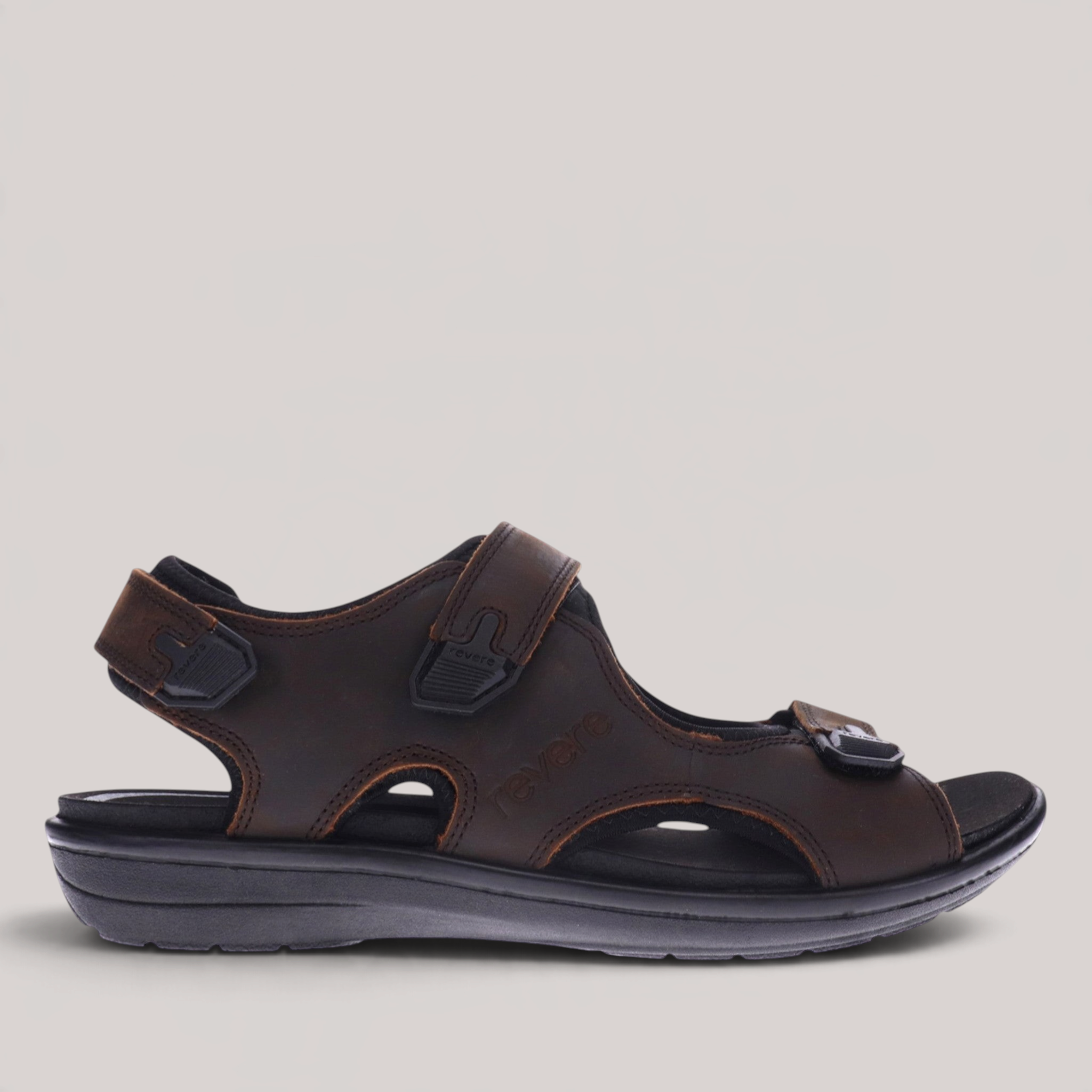 Grundy's Shoes Revere Montana II brown leather orthotic-friendly sandal with adjustable hook-and-loop straps