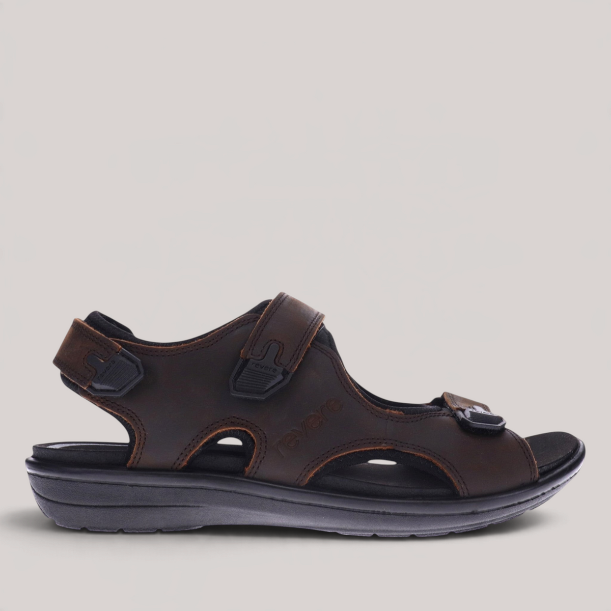 Grundy's Shoes Revere Montana II brown leather orthotic-friendly sandal with adjustable hook-and-loop straps
