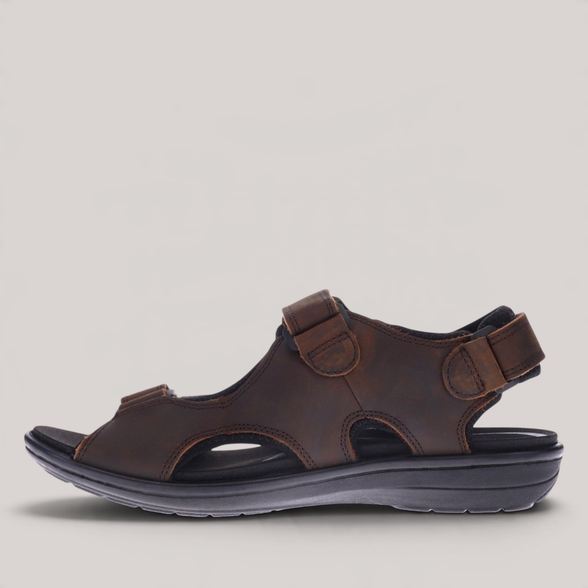 Grundy's Shoes Revere Montana II brown leather orthotic-friendly sandal with adjustable hook-and-loop straps