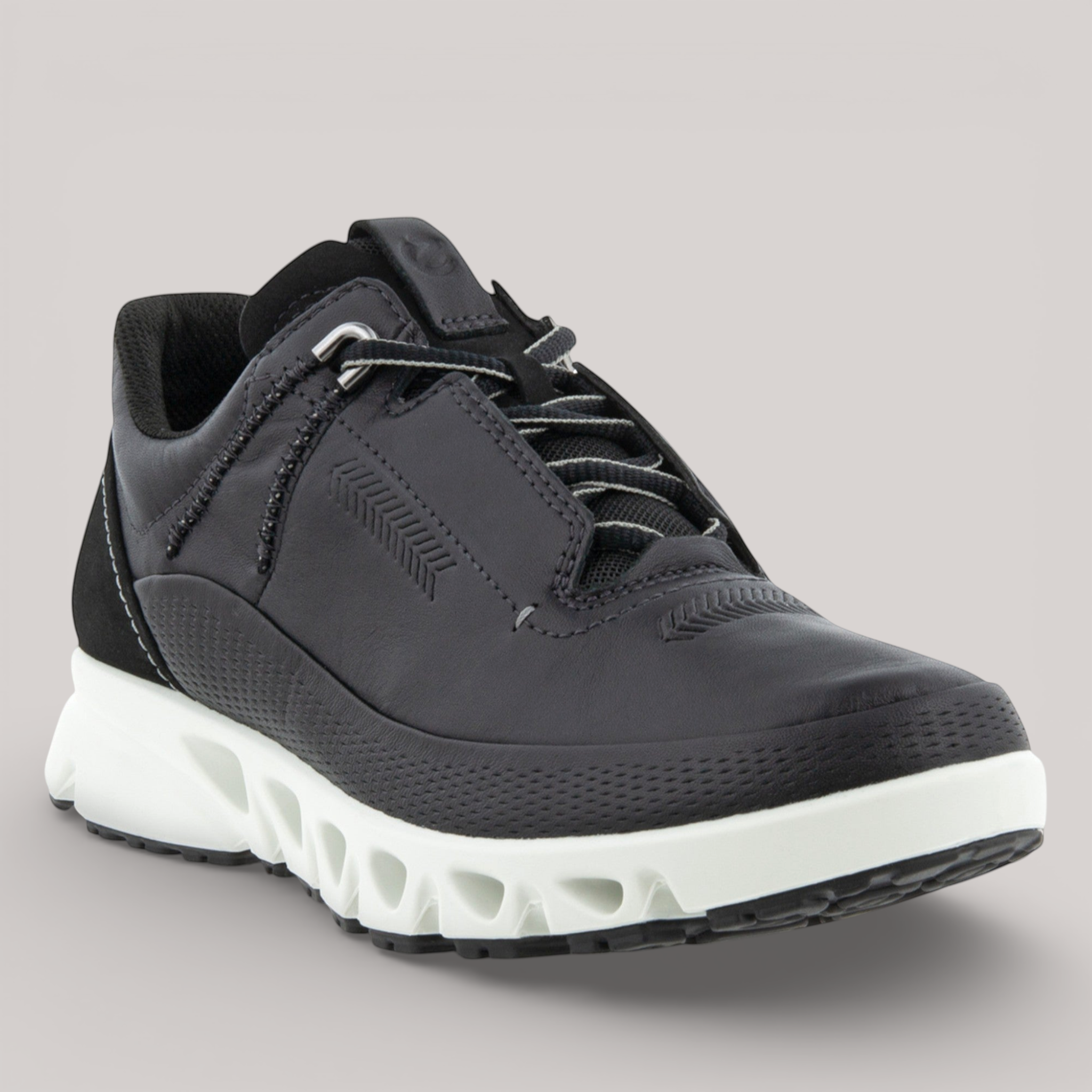Grundy's Shoes ECCO Multi-Vent women's black leather waterproof sneaker with white cushioned sole and lace-up closure.