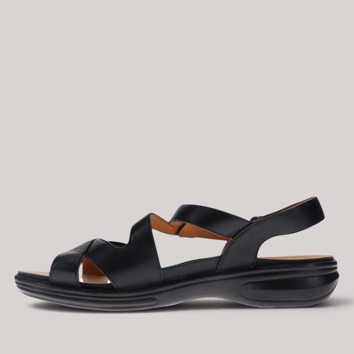 Grundy's Shoes Revere Nagoya black leather sandal with adjustable straps and cushioned footbed