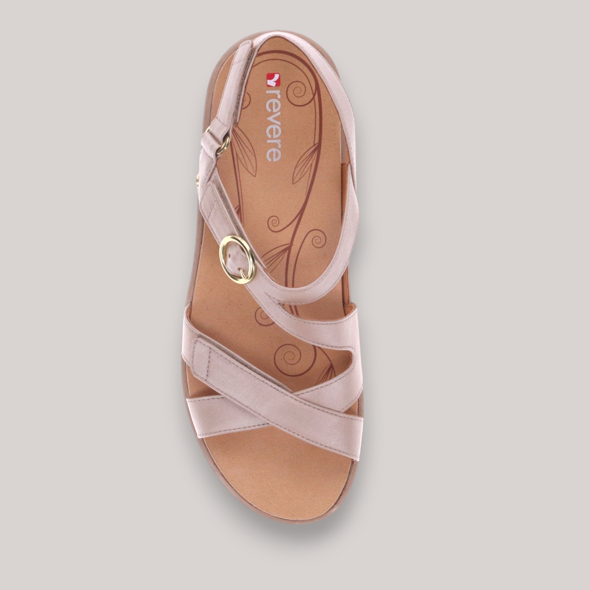 Grundy's Shoes Revere Nagoya beige leather sandal with adjustable straps, gold hardware, and cushioned footbed.