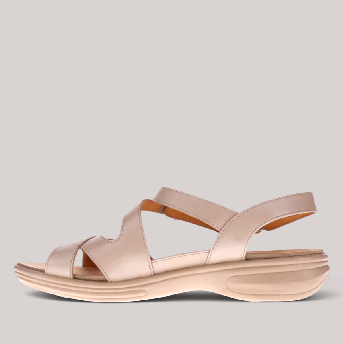 Grundy's Shoes Revere Nagoya champagne leather sandal with adjustable straps and a cushioned supportive footbed