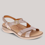 Grundy's Shoes Revere Nagoya metallic leather sandal with adjustable straps, gold buckle, and cushioned footbed.