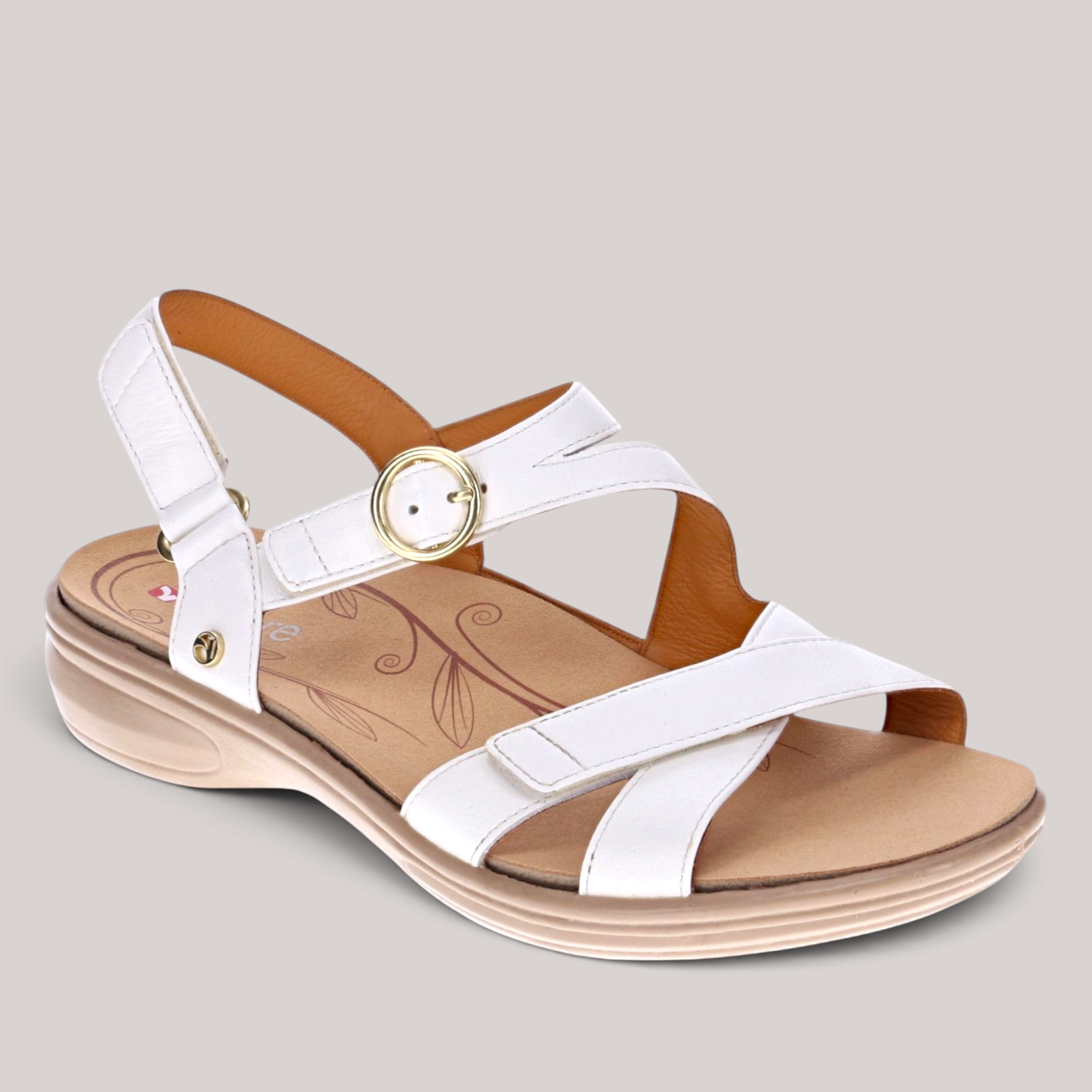 Grundy's Shoes Revere Nagoya white leather sandal with adjustable straps and gold hardware on a cushioned footbed.