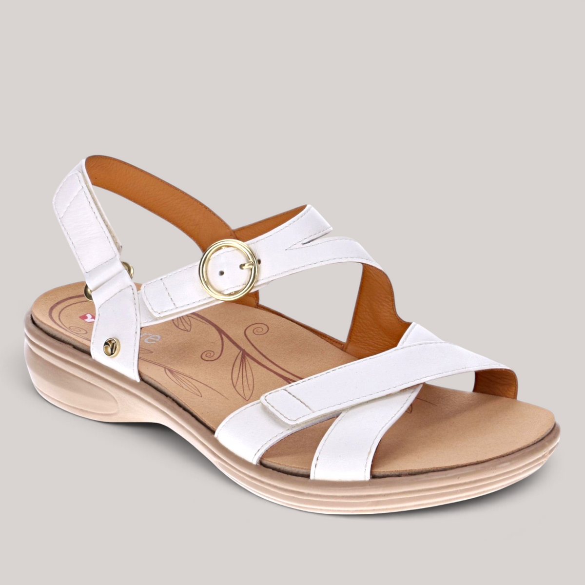 Grundy's Shoes Revere Nagoya white leather sandal with adjustable straps and gold hardware on a cushioned footbed.