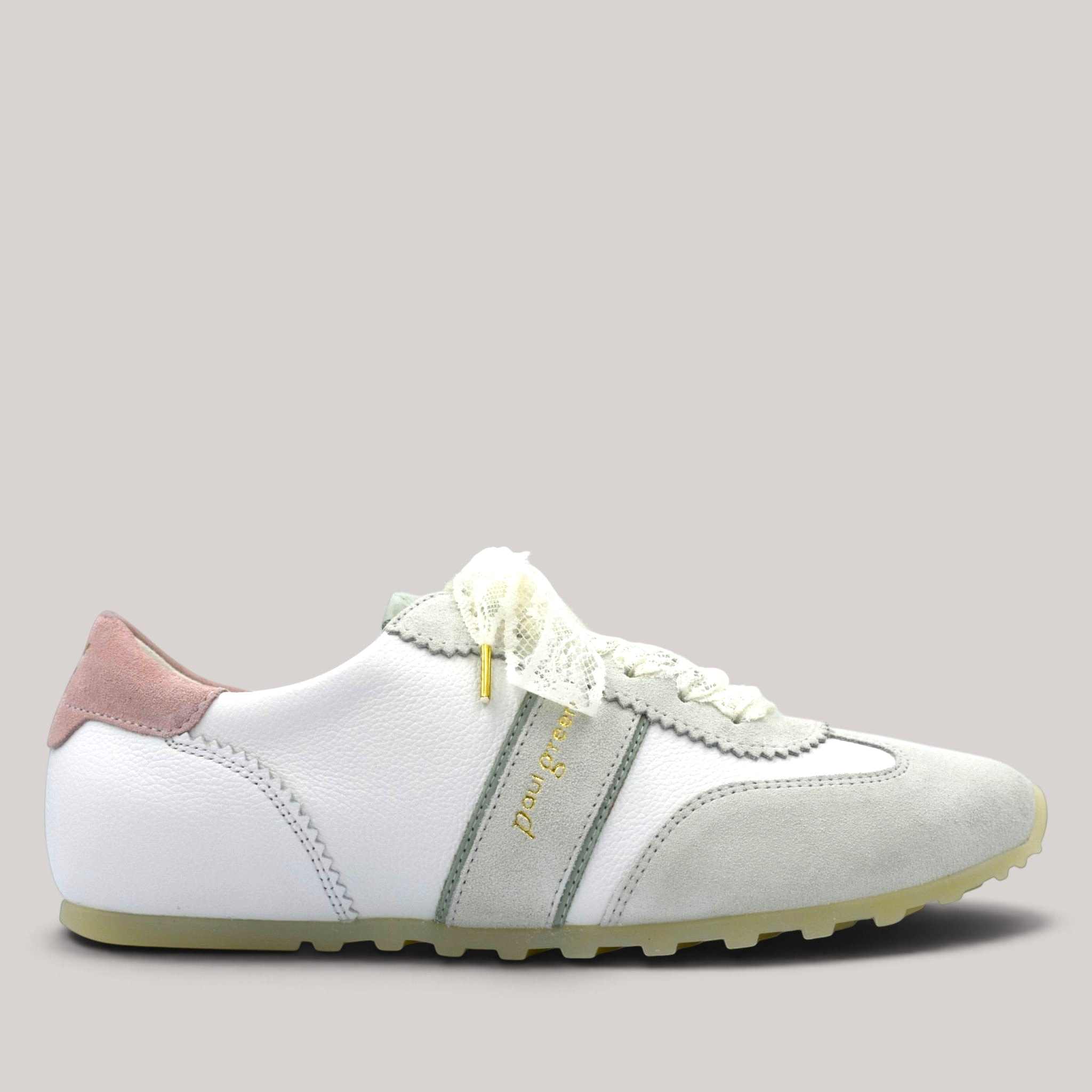 Grundy's Shoes Paul Green 5508 retro sneaker in white leather and grey suede with decorative lace-up detail.