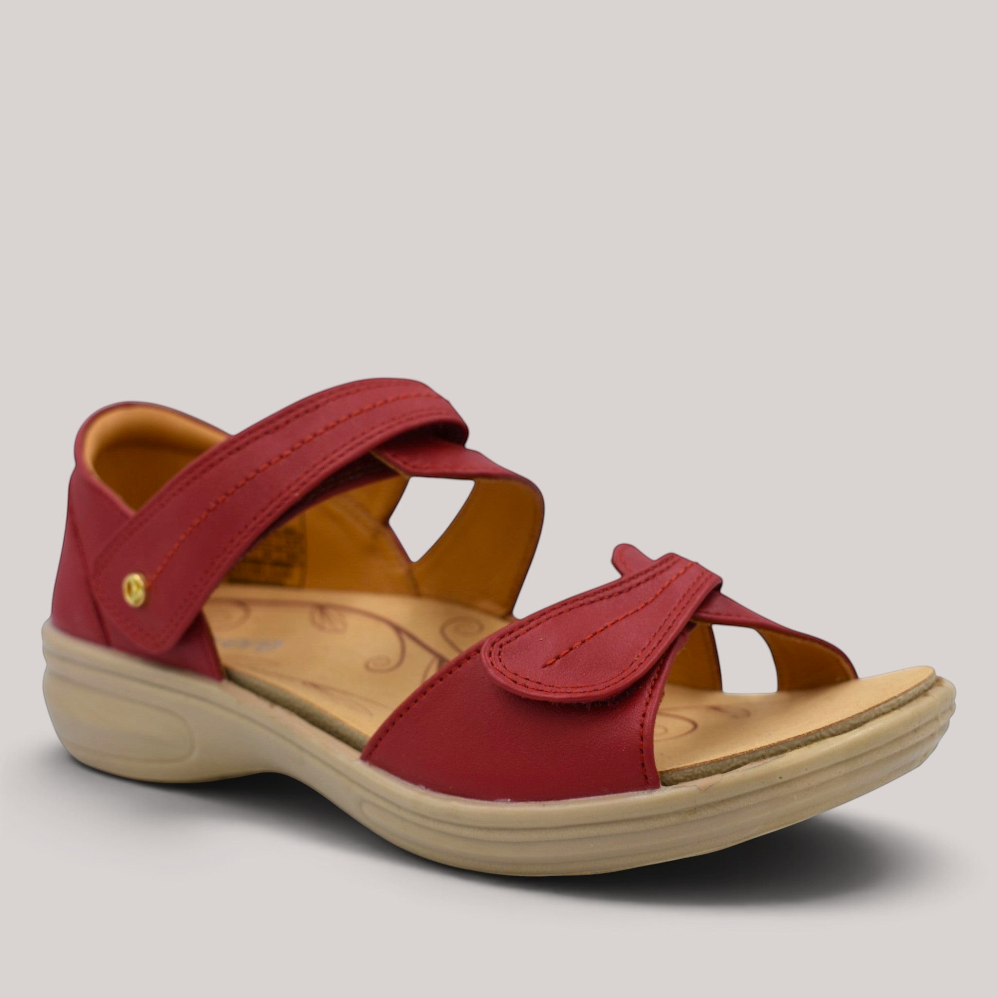 Grundy's Shoes Revere Geneva red leather orthotic sandal with adjustable velcro straps and cushioned footbed