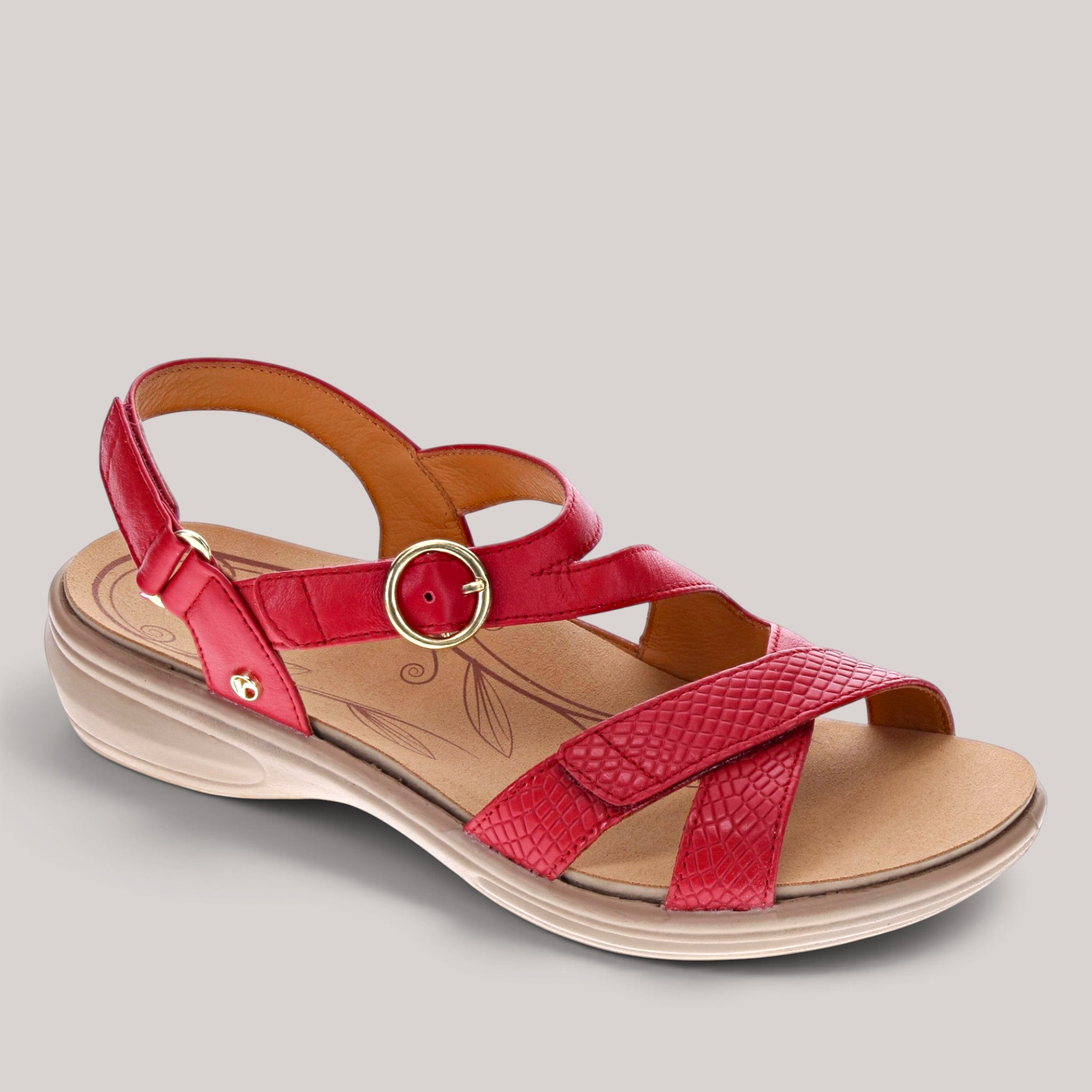 Grundy's Shoes Revere Nagoya red leather sandal with adjustable straps, gold hardware, and orthotic-friendly footbed.