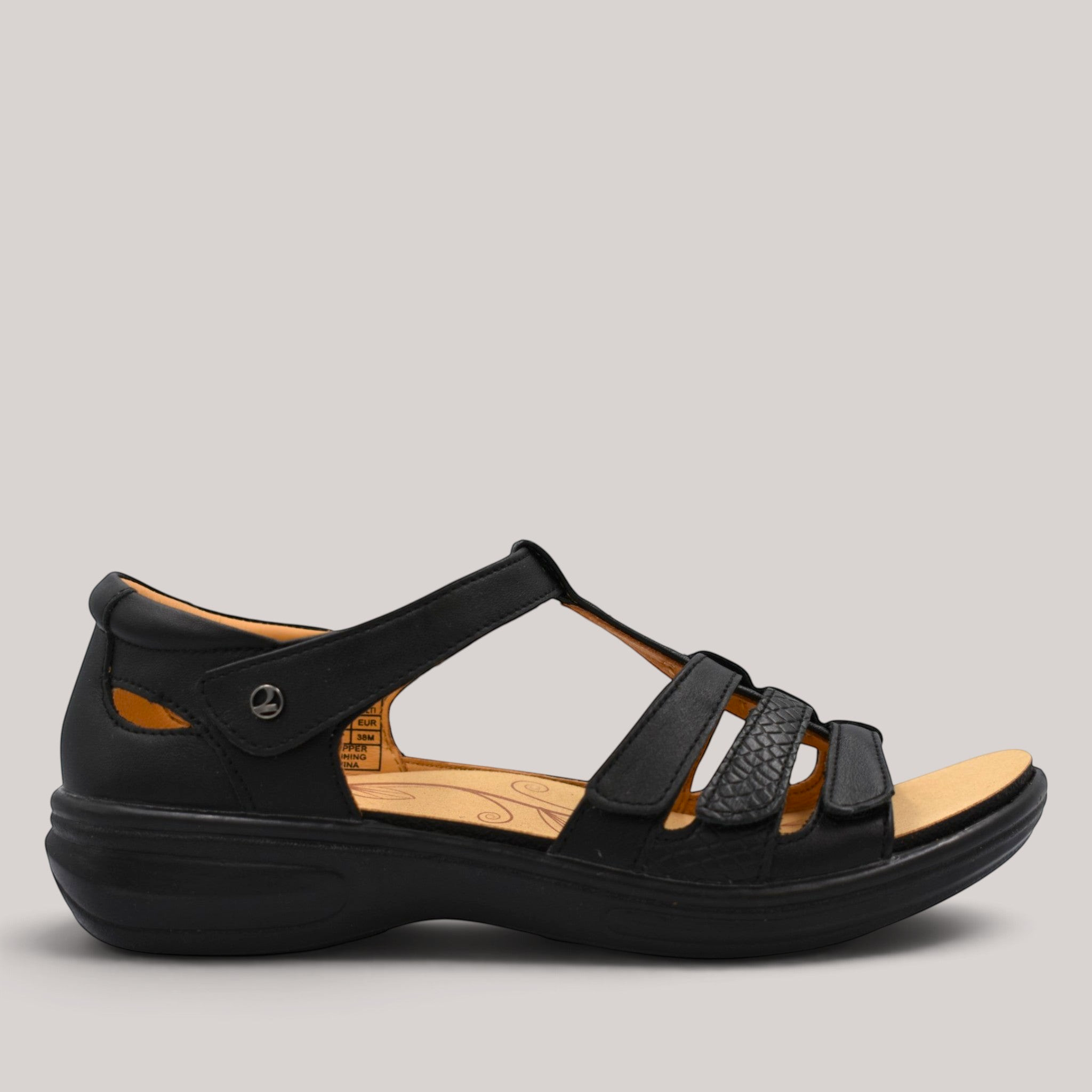 Grundy's Shoes Revere Seville black leather orthotic sandal with adjustable velcro straps and cushioned insole